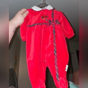 Vintage 1986 Little Me Red onesie with peter pan collar, Plaid, poinsettia